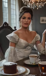 the woman sitting at a table has a cup and cake