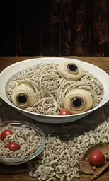 a close up of a bowl of pasta with onions