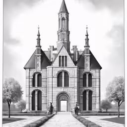 a drawing of a castle with people outside