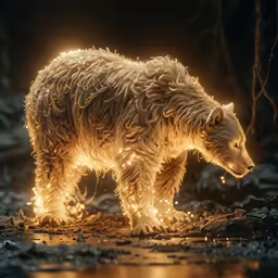 a bear with a glowing tail is in a dark area