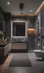 a bathroom with gray walls, a gray rug and a glass shower