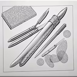 a drawing shows a set of three knifes, with other knives