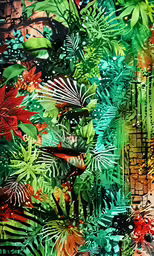 tropical painting with green and orange plants