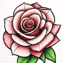 a drawing of a red rose with green leaves
