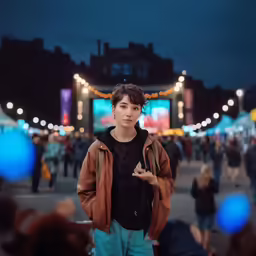 the young man is standing outside in front of an illuminated street
