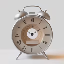 a silver clock on a white surface