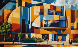 people walk by a large building with colorful walls,painting of a building that looks like it has orange squares on the sides