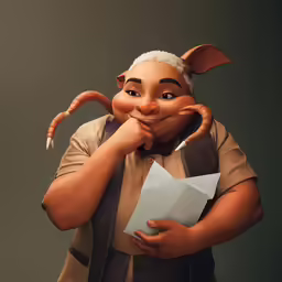 the animated character is holding a piece of paper