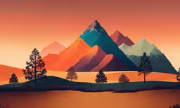 a sunset of some sort with mountains in the distance,a landscape with mountains and trees against an orange sky