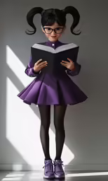 a little girl dressed as a cat woman with glasses and a book
