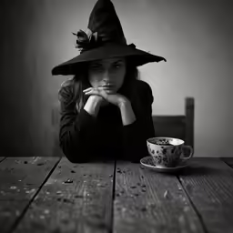 a woman sitting at a table wearing a witch hat and looking sad