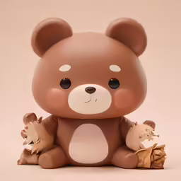 a little teddy bear sitting on a branch next to two mushrooms