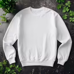 a white crew neck sweatshirt with green leaves on a stone floor