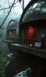 two houses in the woods on a foggy day