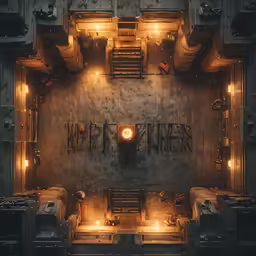 an aerial view of an illuminated space with the words darkness in large letters