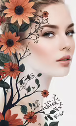 an abstract digital painting with flowers on her body