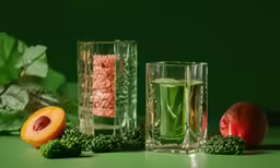 a group of three glasses on a green surface