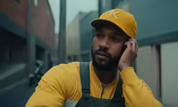 a man wearing a yellow hat is holding a phone