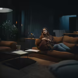 woman sitting on a couch reading a magazine in the dark