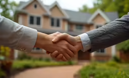 two people shaking hands with a large house in the background