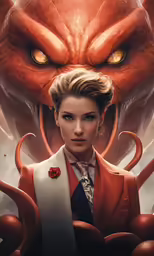 the girl is looking into a red octopus face