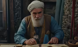 a man sitting at a table looking through old books
