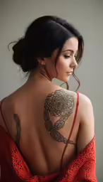 a woman is wearing a red top with a tattoo on her back