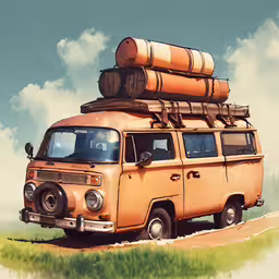 an old style van that is carrying barrels and barrels,an old van with luggage is sitting on the side of the road