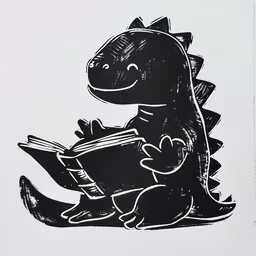 a sticker of a small dinosaur reading a book,a dinosaur holding a book while sitting down