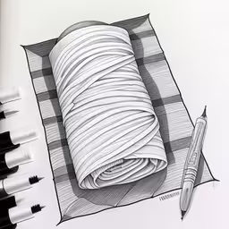 a drawing of a stack of white round objects and some markers,a roll of white paper next to several black and white markers