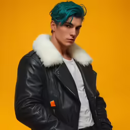 man with dyed hair wearing a black leather jacket