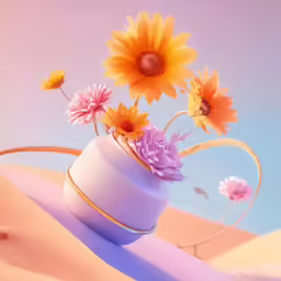 a group of flowers is on a pink and blue vase