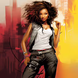a black woman in a white shirt and black pants,a woman with long hair in a white top