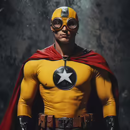 a man in a yellow outfit and black glasses