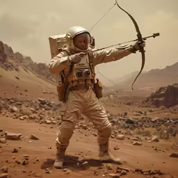 the man in a white astronaut suit is aiming to hit an arrow with an archery