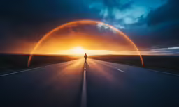 a person walking on a highway beneath a rainbow