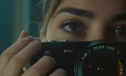 a woman holds up an old camera to take a photo