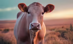 the cow looks at the camera on the field