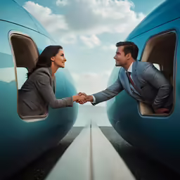 man and woman shaking hands as they sit on an airplane