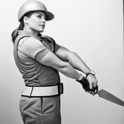 a woman in uniform holding a baseball bat