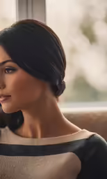 an asian woman in profile looking out a window