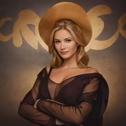 a blonde woman with her arms crossed posing for a picture