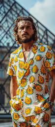 a man is looking at the camera and has his arms folded up with sun print,bearded man wearing yellow and green flower patterned shirt