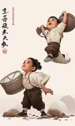 cartoon character flying in the air, with chinese characters below