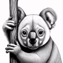 a black and white photo of a koala hanging from a tree