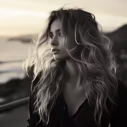 a young lady with long hair is standing near the ocean,a woman with long, light hair walking along a pier at sunset