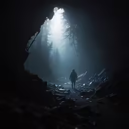 the man walks out of the dark tunnel into the dark forest