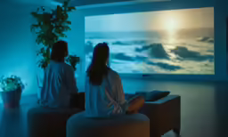 two people sitting in front of a large screen with ocean waves on it