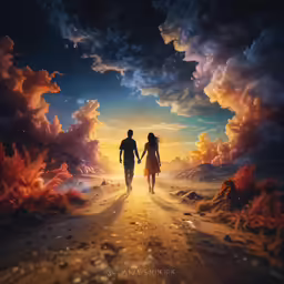two people walking down a desert road with a sunset in the background