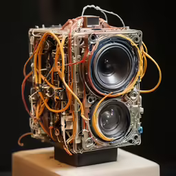 a homemade camera is made with cords and old speakers